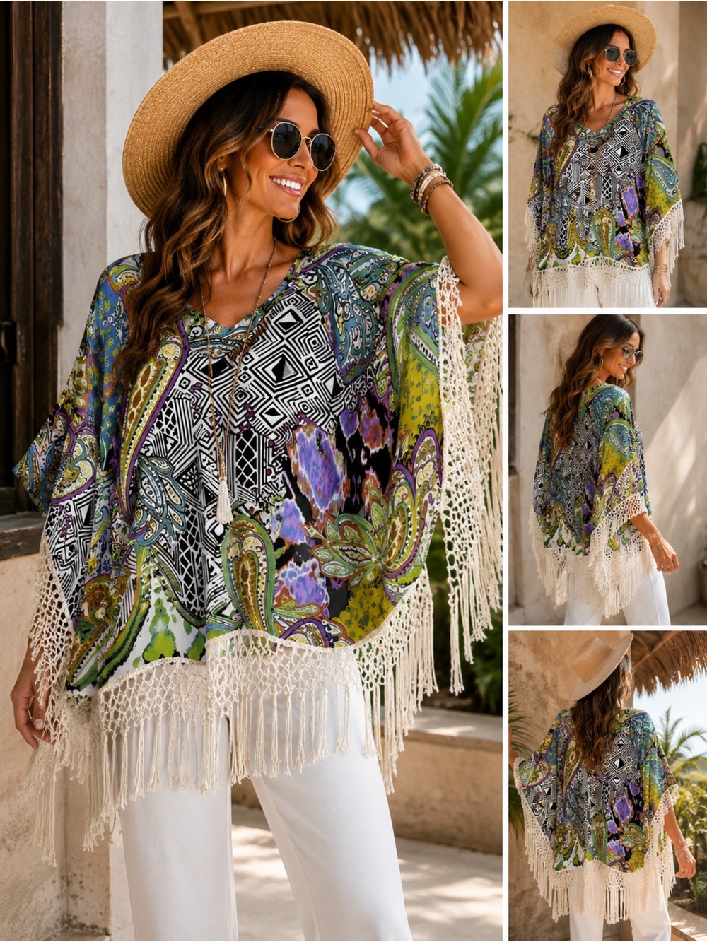 FRINGE BOHO MACRAMÉ PAISLEY MOD TUNIC TOP SIZE LARGE EUC CHICO’S MULTI COLOR